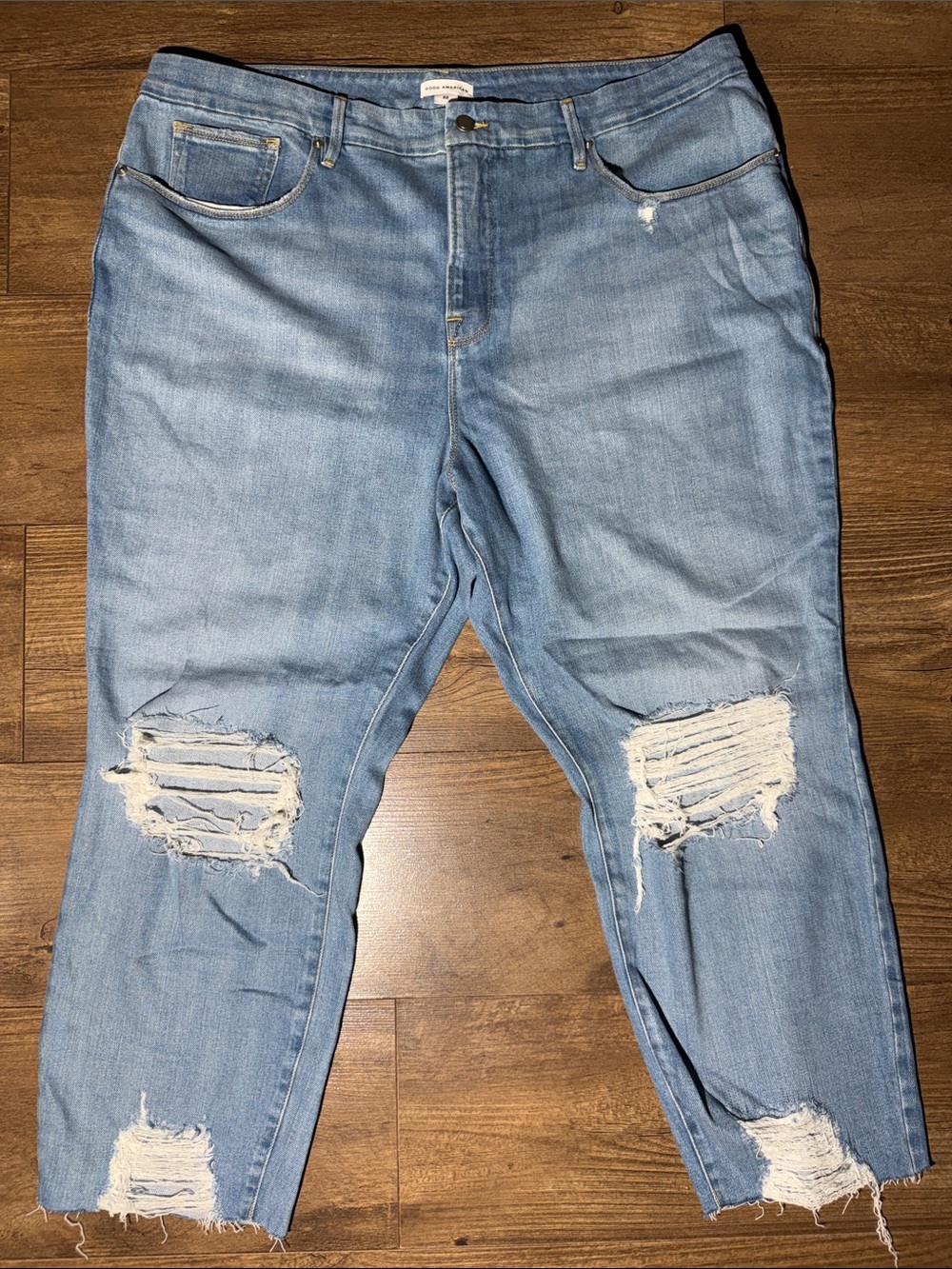 Good American Light Wash Distressed Raw Hem Straight Leg Jeans - Size 22